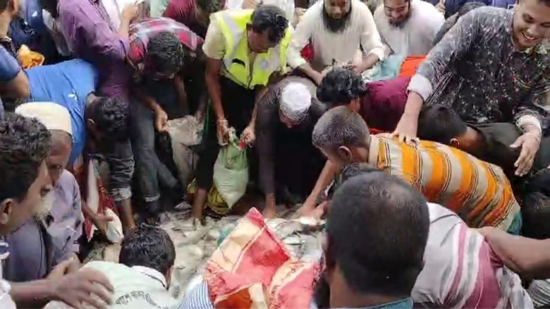 আমতলী থানা থেকে জব্দকৃত জাটকা ইলিশ  বিতরণের সময় লু...