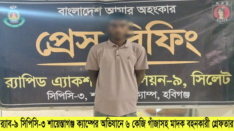 মাধবপুরে র‌্যাবের অভিযানে ৬ কেজি গাঁজাসহ যুবক গ্রে...